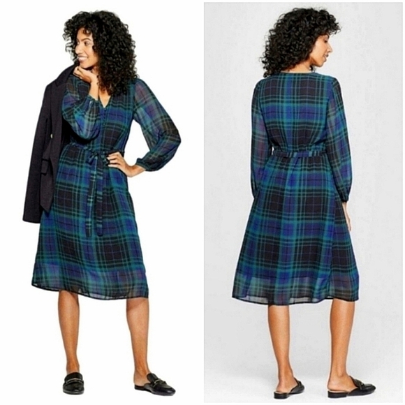A New Day Green & Blue Tartan Plaid Long Sleeve V-Neck Midi Dress Women's Size S - Picture 5 of 13